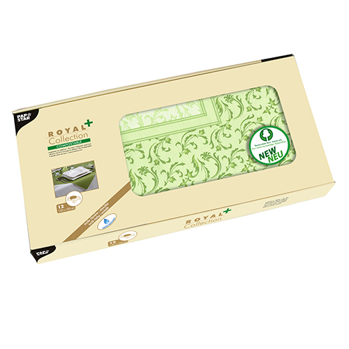 12 Mitteldecken, stoffähnlich, PV-Tissue "ROYAL Collection Plus" 100 cm x 100 cm olivgrün "Damascato" von PAPSTAR