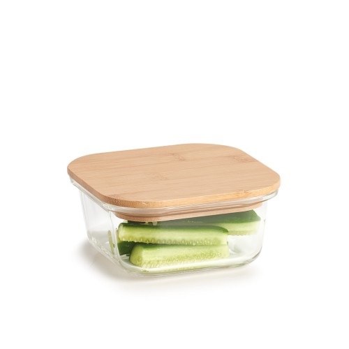 Vorratsbehälter m. Bambusdeckel, 520 ml, Glas. Länge: 135 mm. Breite: 135 mm. Höhe: 60 mm