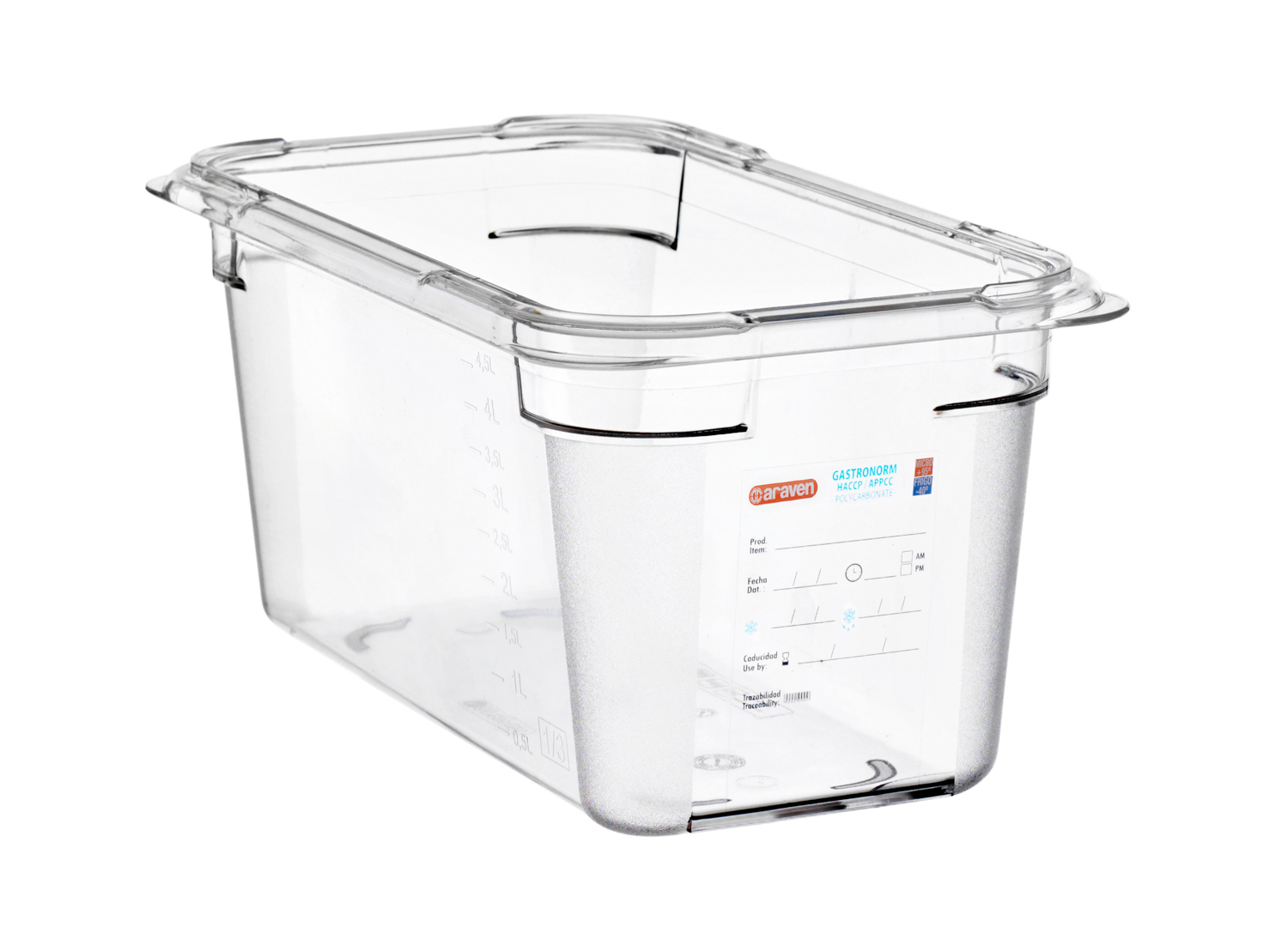 ARAVEN Behälter aus Polycarbonat GN 1/3 150mm Höhe und 5,4 Liter Fassungsvermögen, durchsichtig