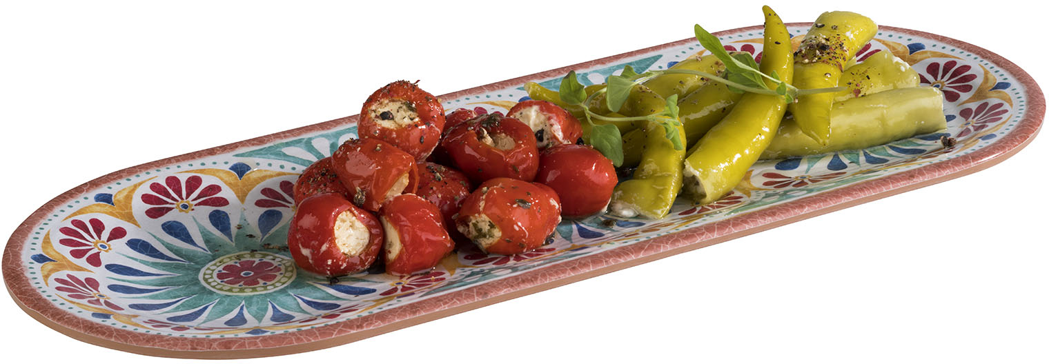 Teller -ARABESQUE- 38 x 15,5 cm, H: 2 cm Melamin innen: Dekor außen: Terrakottaoptik spülmaschinengeeignet stapelbar nicht