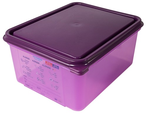 Behälter allergen 1/2 150 mm aus lila Polypropylen, 10 l mit Deckel, Permanentetikett