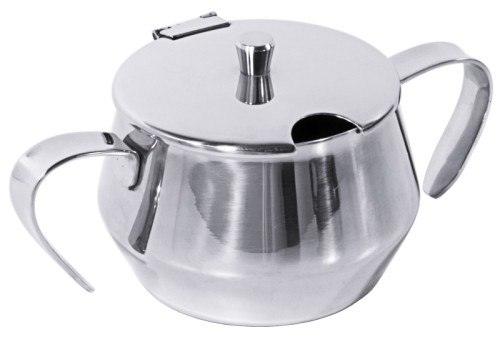 Zuckerdose aus Edelstahl 18/10, hochglänzend, mit seitlichen Griffen und Scharnierdeckel mit Löffelausschnitt Volumen: 0,3