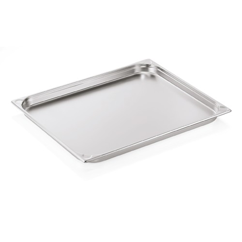 GN 2/1 Behälter, Materialstärke 0,6 mm, Randverstärkung durch geprägte U-Ecken. Material: Chromnickelstahl. Serie: GN 76. Inhalt in Litern: