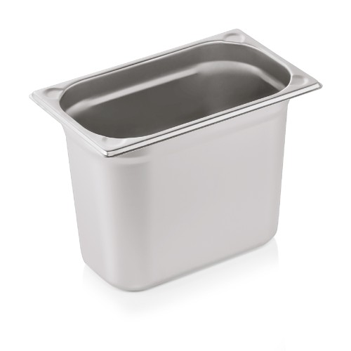 GN 1/4 Behälter, Materialstärke 0,6 mm, Randverstärkung durch geprägte U-Ecken. Material: Chromnickelstahl. Serie: GN 76. Inhalt in Litern: