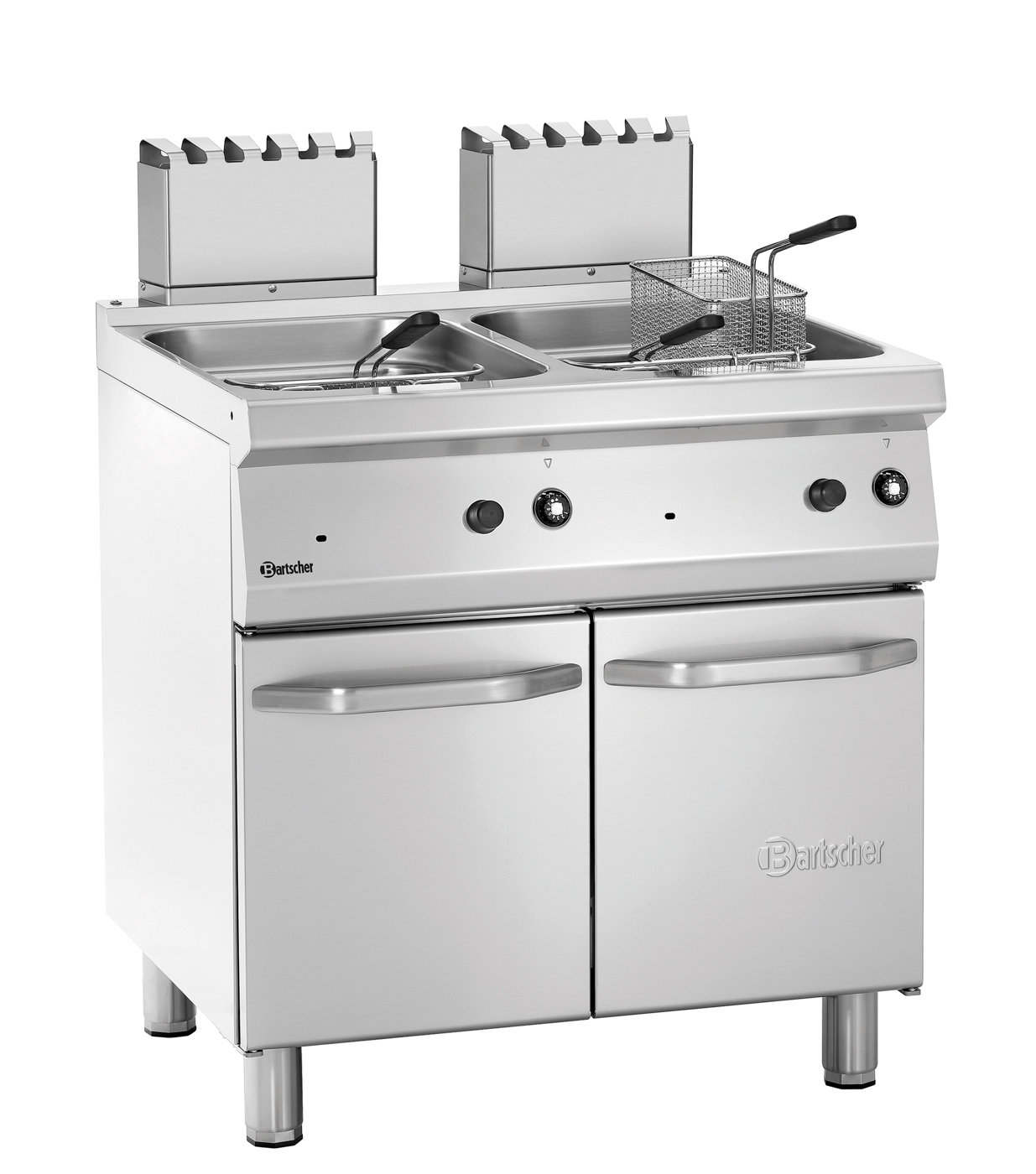Bartscher Fritteuse Gas, 700, B800, 2x15L |Eigenschaften: Becken mit großer Kaltzone | Maße:80 x 70 x 85,0 cm. Gewicht: 92 kg