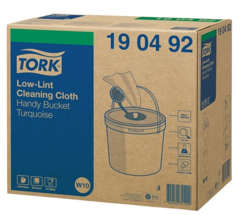 Tork Fusselarme Reinigungstücher im Spendereimer, 16,5 x 30 cm, 200 Tücher je Rolle, türkis.