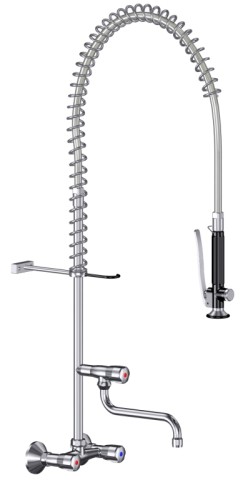 Geschirrspülbrause mit Wandmischbatterie und Schwenkventil, verchromt, mit Metall-Haubengriffen, Batterieoberteile mit