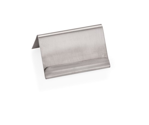 Kartenhalter. Chromnickelstahl. mit Falz für Kärtchen. Maße: 6 x 4,5 x 3,5 LxBxH.