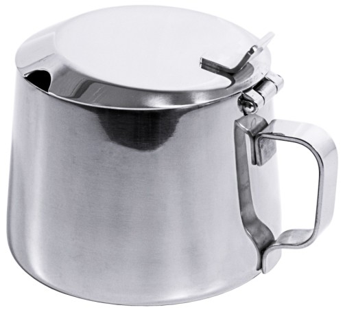 Zuckerdose /  Marmeladendose aus Edelstahl 18/10, hochglänzend, mit Löffelausschnitt im Einhandklappdeckel, schwere