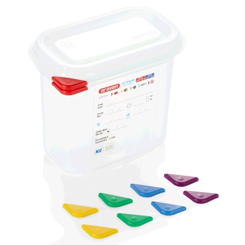 GN 1/9 Behälter, BPA frei, Deckel hermetisch schließend, Inklusive 5 Markierungs-Clips in den Farben: rot, blau, gelb, grün, lila, Behälter sind