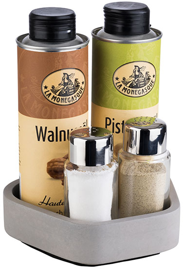 Menage / Kartenhalter-ELEMENT- 14 x 13,5 cm, H: 20 cm Set bestehen aus: - Basis, Beton Pfeffer- und Salzstreuer Essig- und
