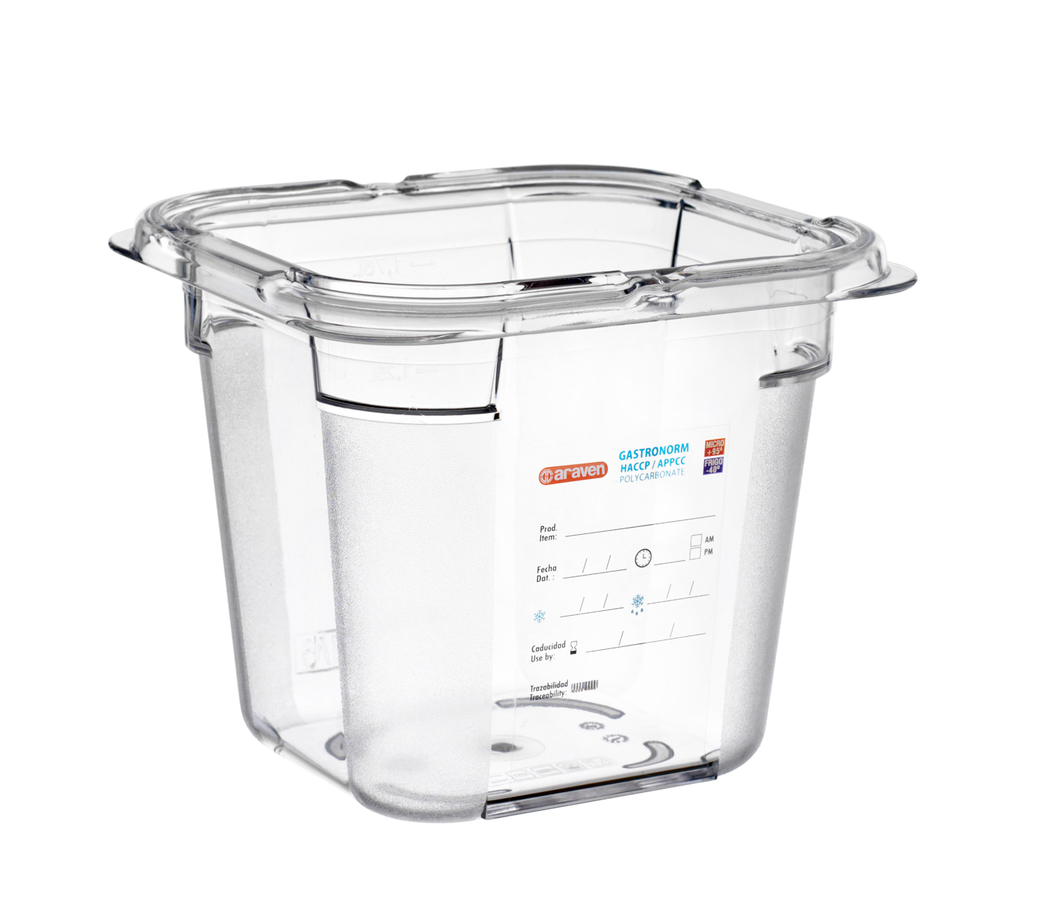 ARAVEN Behälter aus Polycarbonat GN 1/6 150mm Höhe und 2,15 Liter Fassungsvermögen, durchsichtig
