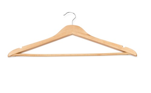 Kleiderbügel. Holz. mit Einkerbungen und Steg. Maße: 44,5 x 1,2 x 23 LxBxH.