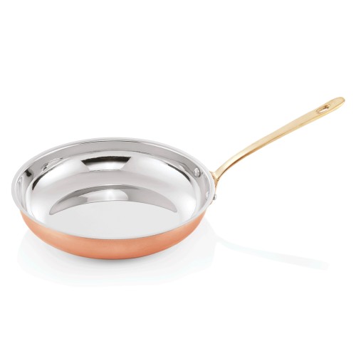 Flambierpfanne, mit Stielgriff. Innen Chromnickelstahl, außen Kupferbeschichtung, ohne Sandwichboden, nicht für Herdplatten geeignet,