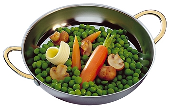 Servier- / Beilagenschale Ø 19 cm, H: 3,5 cm, 0,7 Liter Edelstahl poliert vergoldete Edelstahl-Griffe nicht