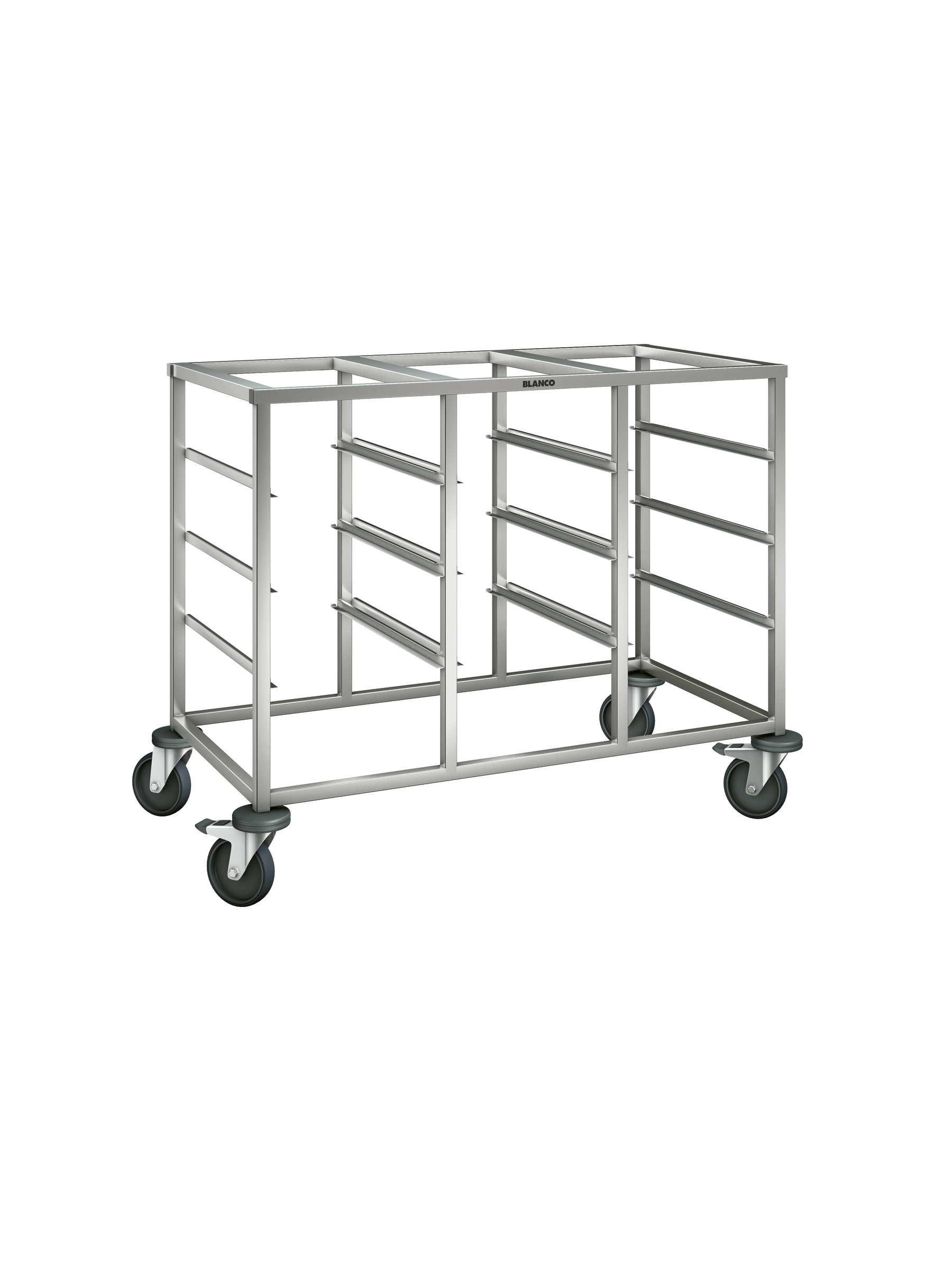 BLANCO Regalwagen aus rostfreiem Edelstahl mit stahlverzinkten Rollen, 3-teilig, zum Einhängen von GN-Behältern, Auflagenpaare: 9 Paar + 3 Paar