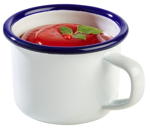 Henkelbecher -ENAMELWARE- Ø 7 cm, H: 5 cm, 0,1 Liter emailliertes Stahlblech innen: weiß außen: weiß Rand: blau