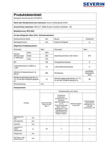 Severin Retro Kühl-/Gefrierkombination, A++ (neue EEK: E), 244L (181/63), Metallgriff, LED, Chromapplikationen, 181 x 55cm