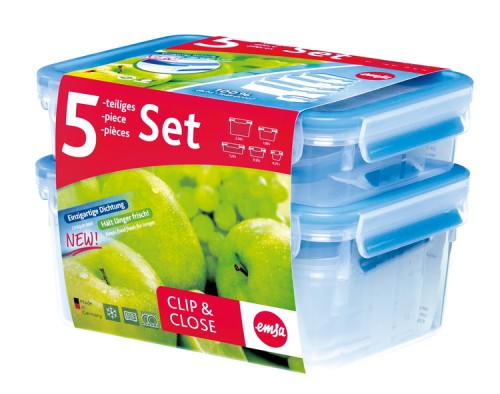 Emsa CLIP & CLOSE Frischhaltedosen-Set 5-teilig (0,20 + 0,55 + 1,00 + 1,20 + 2,20 Liter) Kunststoff - 100 % dicht - Made in Germany