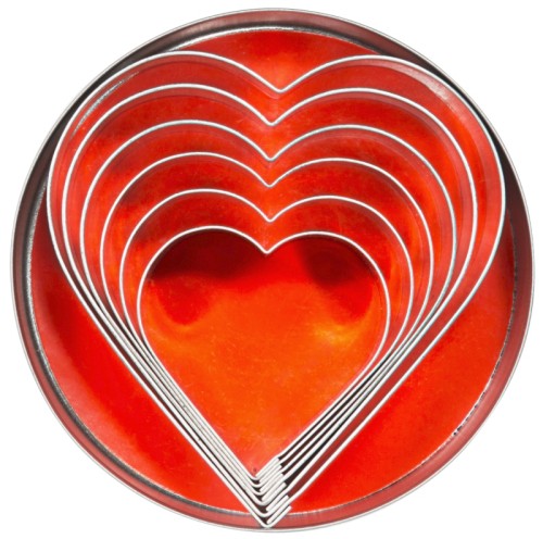 Ausstechformen, Herz aus Weißblech, sechs Stück komplett in der Dose (Ø 10 cm) Länge: 45 mm - 93 mm, Höhe: 30 mm