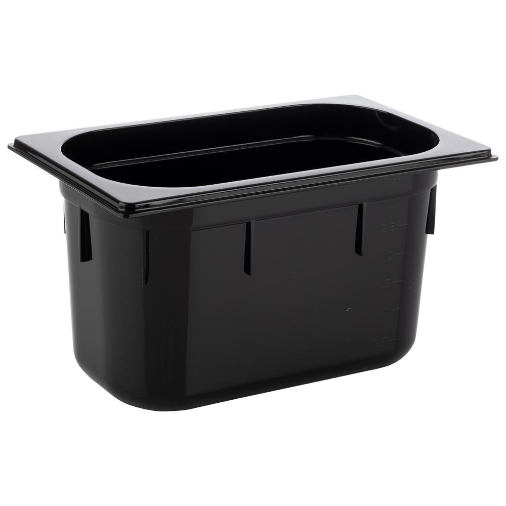 APS GN-Behälter in schwarzem Polycarbonat, mit Literskalierung, Robust und Formstabil, stapelbar, Tiefe 150mm, GN 1/4, 3,7 Liter
