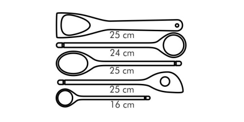 Kochlöffel und Wender WOODY, Set 5 Stück, Länge 24-25 cm, kl. Löffel 16 cm.