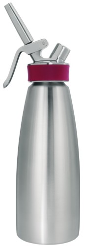 Sahnespender , einwandig, seidenmatt poliert ganz aus Edelstahl 18/10, mit drei auswechselbaren Garniertüllen aus hochwertigem