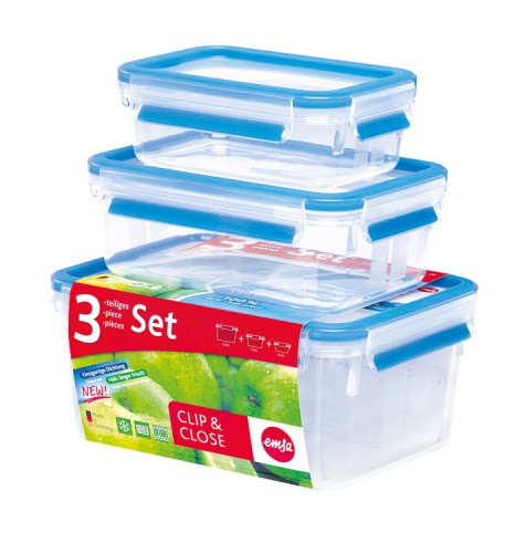 Emsa CLIP & CLOSE 3-teiliges Vorratsdosen-Set, Größen: 0,55 Liter, 1 Liter, 2,3 Liter, Farbe: blau, spülmaschinenfest