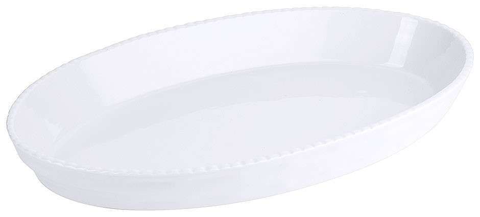 Ovale Backform aus Porzellan, ofenfest bis 350°C, stapelbar, Farbe: weiß, Maße: 38x24x5 cm, Inhalt: 2 Liter