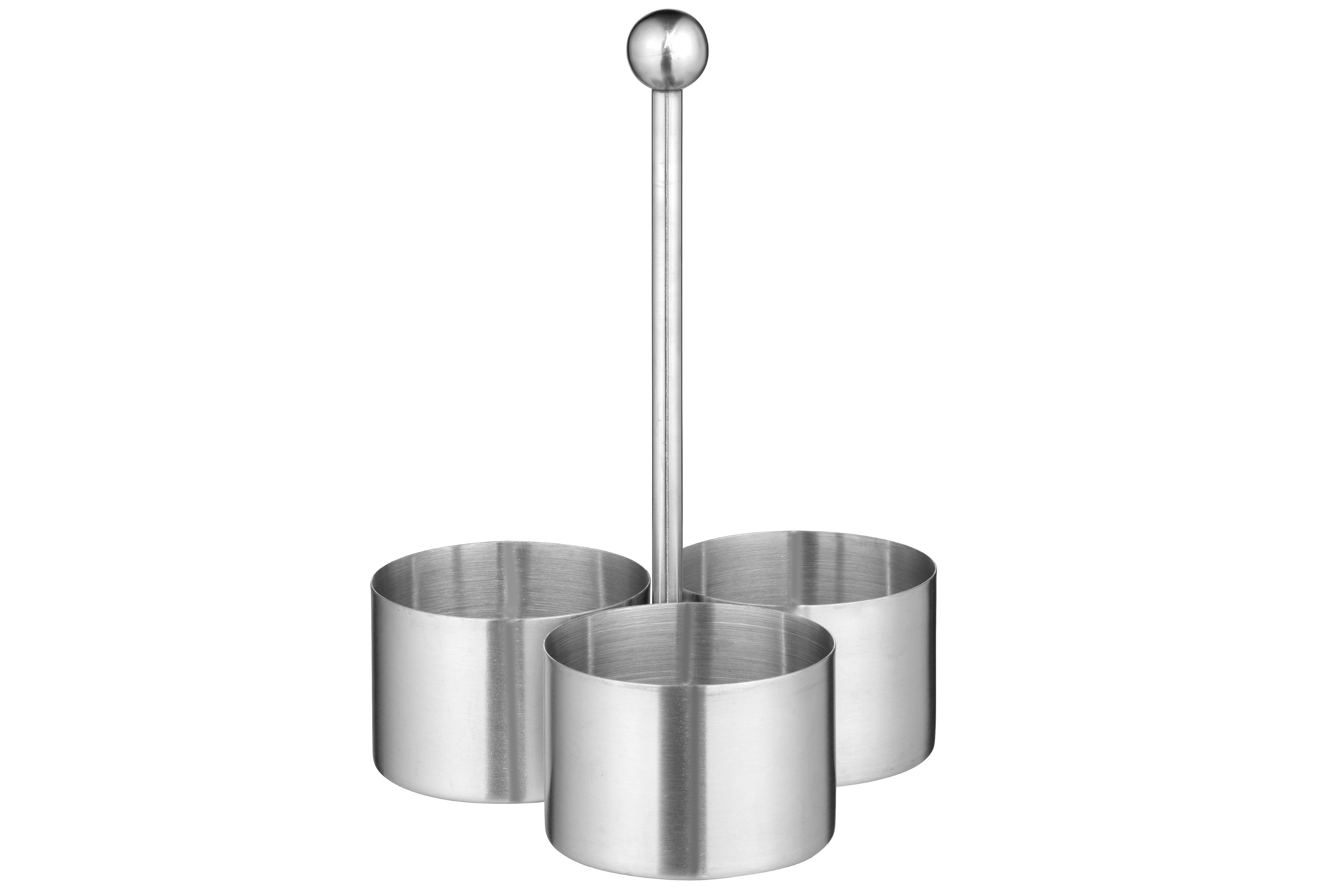 Snack- und Dip-Set BOSTON, Edelstahl 18/10, Maße: 160 x 160 x 240 mm, mit 3 Schalen und einem Halter.