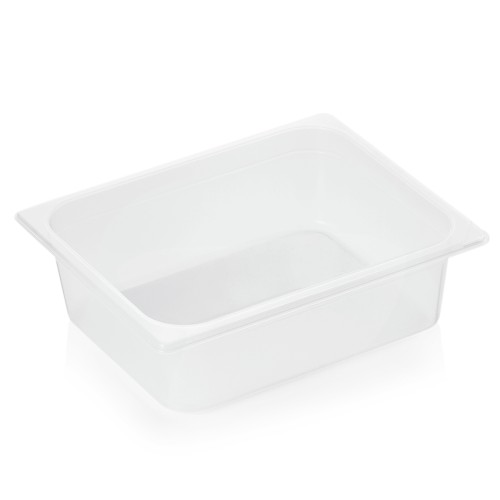 GN 1/2 Behälter, BPA frei, Deckel fest schließend, Behälter und Deckel können mit HACCP Clips farbig markiert werden, mit Skalierung.