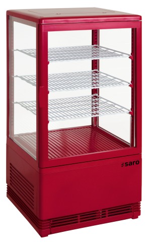 SARO Mini-Umluftkühlvitrine Modell SC 70 rot - Material: (Gehäuse) Kunststoff, rot - 4-seitig doppelverglast - 3 höhenverstellbare Roste,