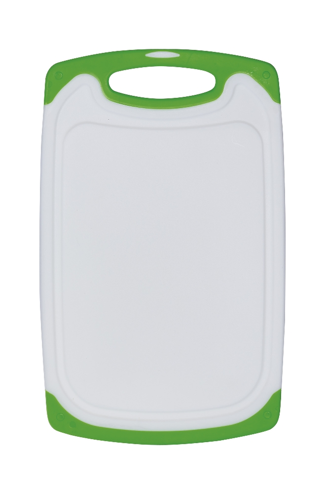 Schneidbrett Star aus weißem Kunststoff mit grünem Rand und Griff Maße: 31,6 x 19,6 x 0,9 cm