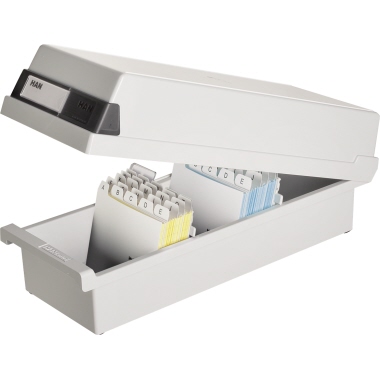 HAN Karteikasten 13,3 x 12,1 x 35,7 cm (B x H x T) DIN A7 quer 1.300 Karten Polystyrol lichtgrau 2 Stützplatten