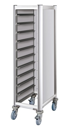 Tablettwagen. für 10 Tabletts 45,5 x 35,5 cm. Alu-Profile mit MDF-Seitenteilen. passend