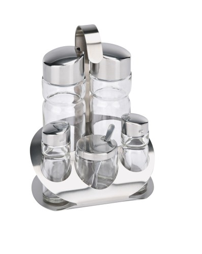 Menage. Chromnickelstahl/Glas. 5-teilig, Essig und Öl, Senfglas, Salz und Pfeffer.
