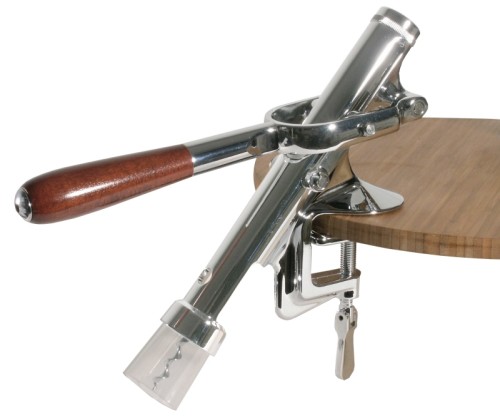 Entkorkmaschine zur Thekenmontage, aus verchromtem Zinkguss, mit Edelholzgriff, für Tischplatten bis 4,5 cm, schwere Qualität Länge: