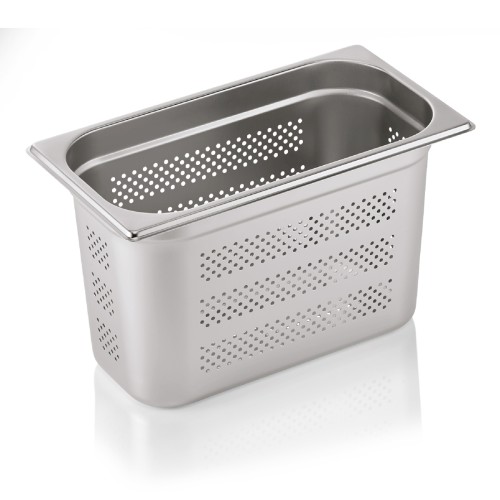GN 1/3 Behälter, Boden- und Seitenlochung. Materialstärke 0,6 mm. Material: Chromnickelstahl. Serie: GN 71. Inhalt in Litern: