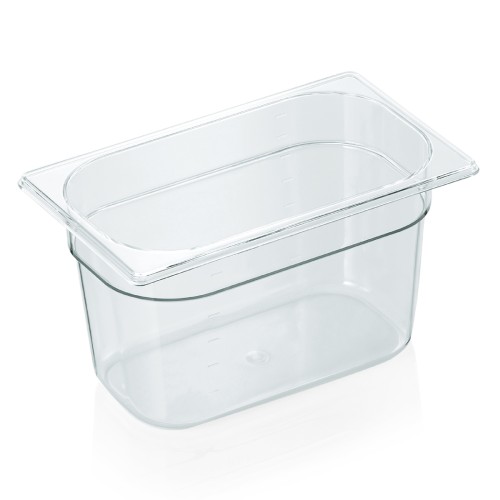 GN 1/4 Behälter, mit Skalierung. Material: Polycarbonat. Serie: GN 94. Inhalt in Litern: 3,8. Maße: Höhe: 150 mm