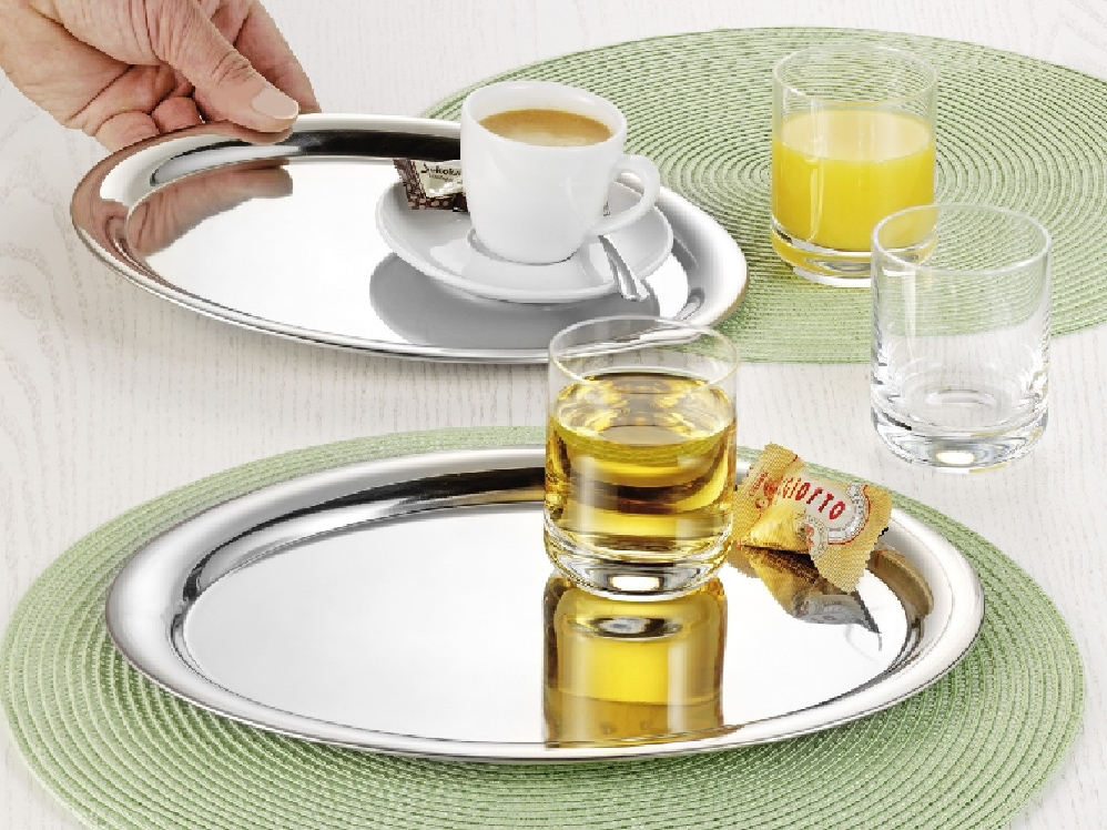 Ovales Serviertablett DAILY aus Edelstahl 18/10, hochglänzend, mit gebördeltem Rand, Länge: 23 cm, Breite: 17,5 cm, Höhe: 1,1 cm