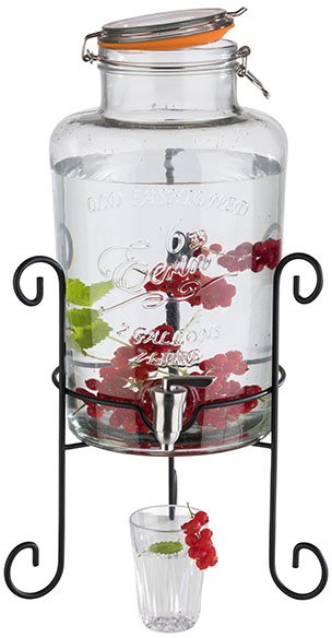 Getränkespender Ø 27 cm, H: 50,5 cm, 7 Liter Behälter aus Glas Zapfhahn aus Edelstahl Gestell aus Metall, schwarz -OLD