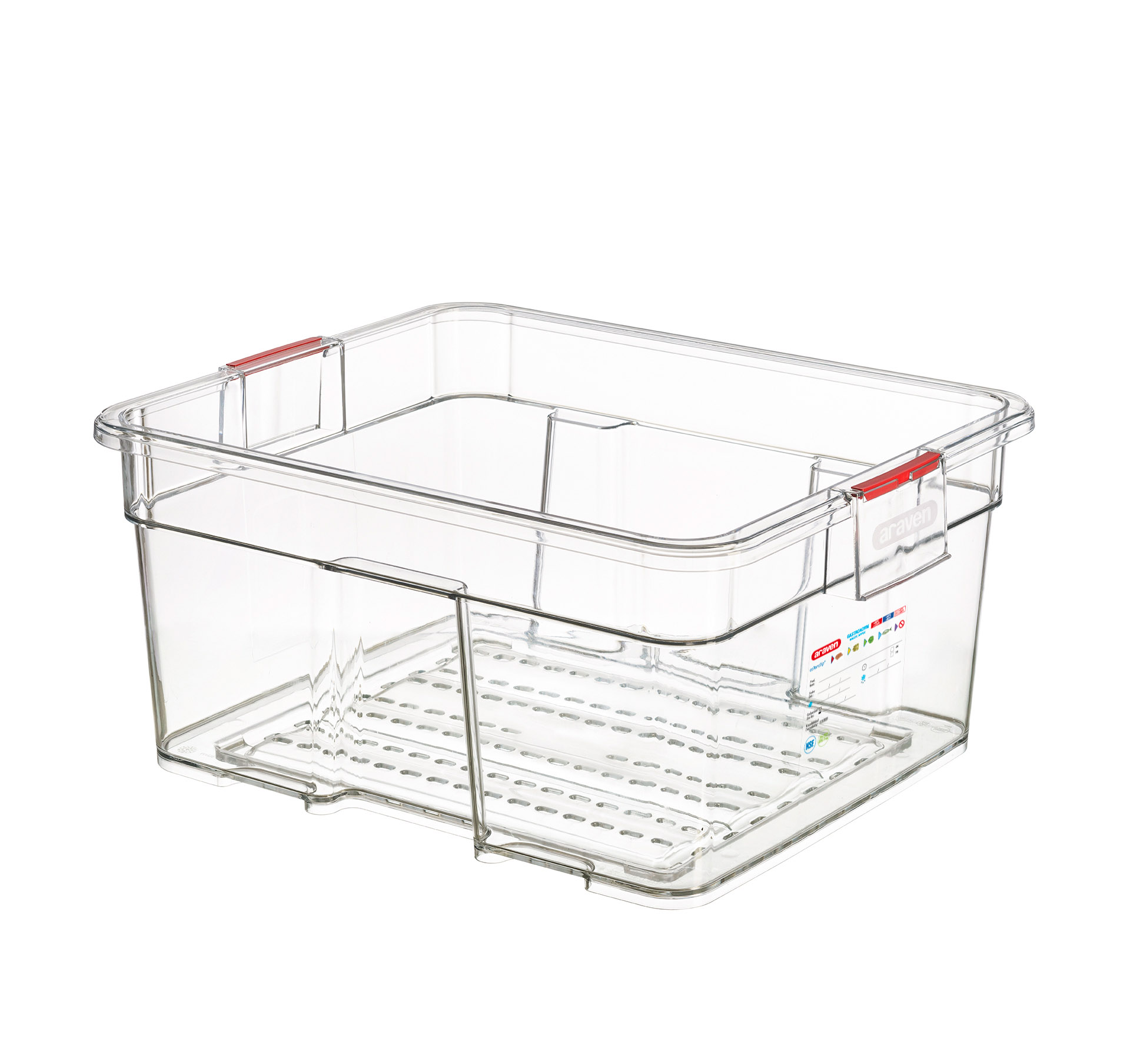 ARAVEN perforierter GN 2/1 Lebensmittelbehälter aus ABS Kunststoff, 300mm Höhe und 90 Liter Fassungsvermögen