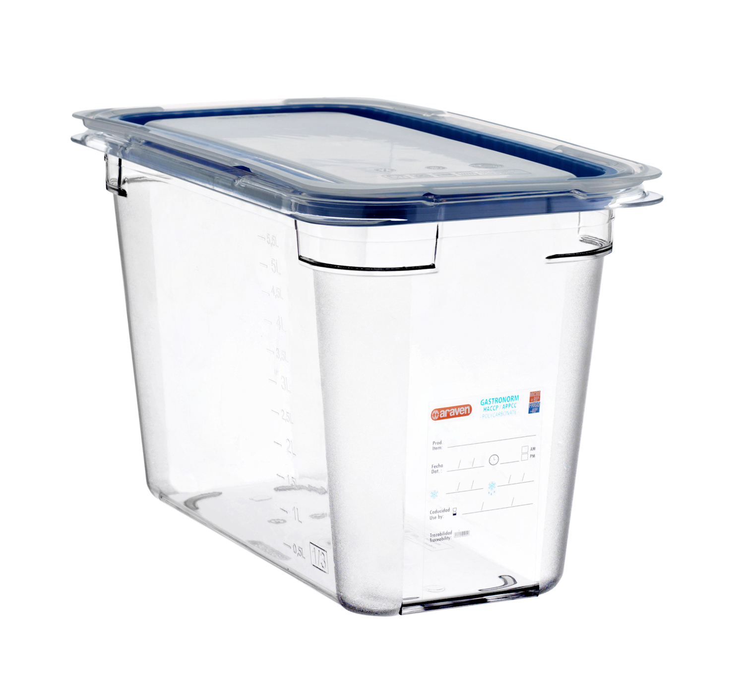 ARAVEN luftdichter Polycarbonat Behälter GN 1/3 200mm Höhe und 6 Liter Fassungsvermögen mit Deckel, durchsichtig