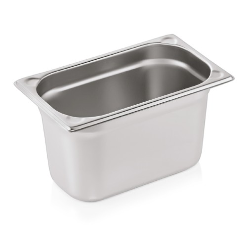 GN 1/4 Behälter, Materialstärke 0,6 mm, Randverstärkung durch geprägte U-Ecken. Material: Chromnickelstahl. Serie: GN 76. Inhalt in Litern: