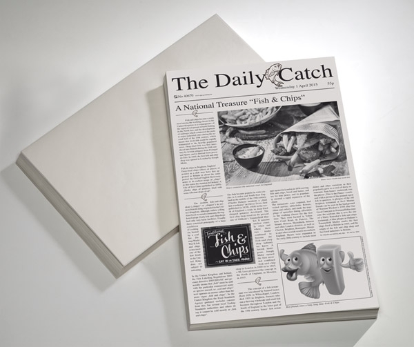 Wachspapier -SNACKHOLDER- 42 x 25 cm Motiv: Zeitung Inhalt: 500 Stück zur Präsentation von Speisen Farbe: Weiß Farbe: Schwarz