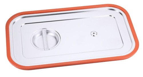 GN-Deckel mit Gummidichtung aus Edelstahl 18/10, seidenmatt poliert, mit Griffmulde und Loch gegen Unterdruck,