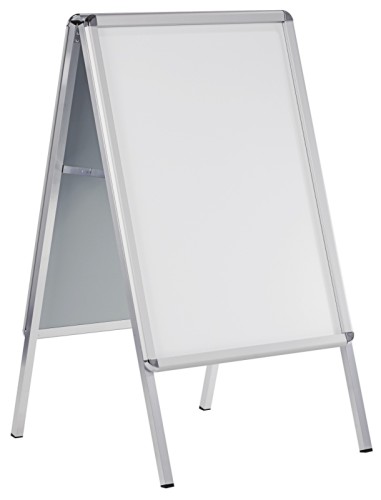 Kundenstopper in DIN-Plakatformaten, wetterfestes 32 mm eloxiertes Aluminiumprofil, mit beidseitigem Klapprahmen, verzinkter