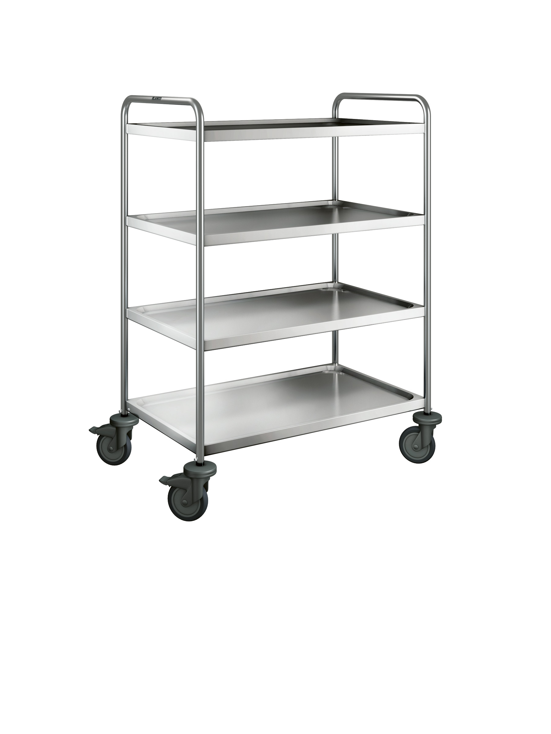 BLANCO Servierwagen aus rostfreiem Edelstahl mit Kunststoffrollen, 4 Lenkrollen Ø 125 mm, davon 2 mit Feststeller, Maße der Borde: 4 Borde 900 x 550