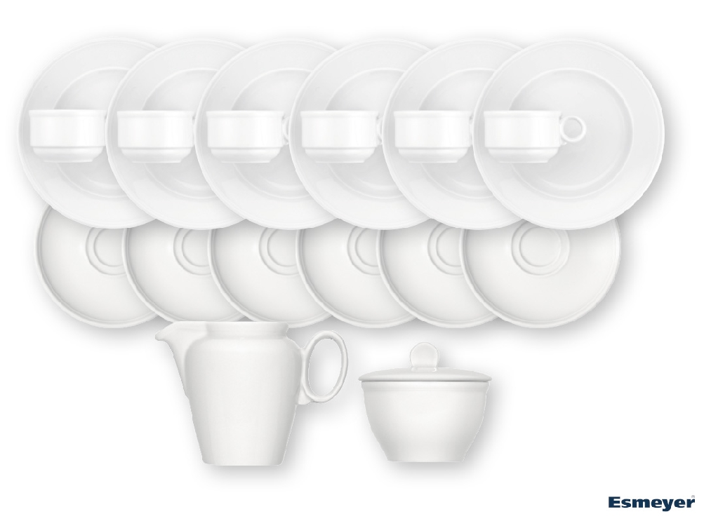 20-teiliges Sparset COME4TABLE v. Bauscher, aus weißem Porzellan. Je 6 Obertassen stapelbar 0,18l, 6 Untertassen 15,1cm, Dessertteller 21,0 cm,