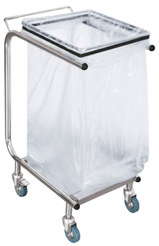 Müllbeutelwagen. Chromnickelstahl. 4 schwenkbare Rollen, davon 2 mit Feststeller, der